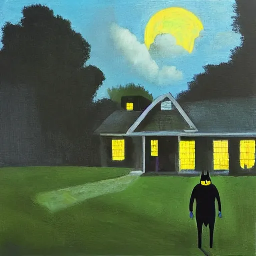 Prompt: “Batman standing on the lawn in front of a house facing the house, garden, trees, clouds, sharp shadows, night, highly detailed, LKART Leonard Koscianski Contemporary Art.”