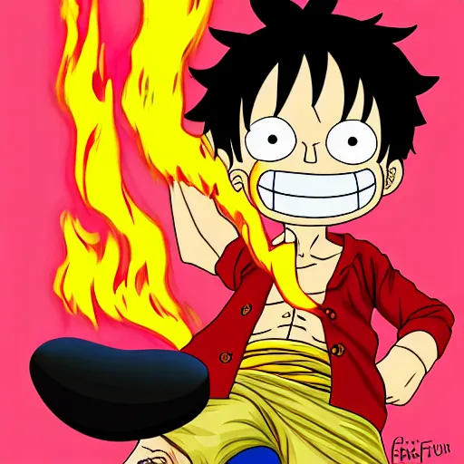 Prompt: Luffy from One Piece butting heads with Brian Griffin from Family Guy, digital painting, blazing firey colors