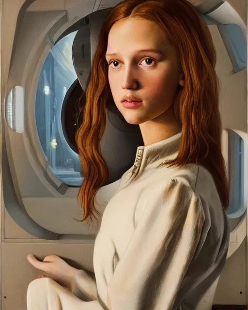 Image similar to a window - lit realistic portrait painting of a thoughtful girl resembling a young, shy, redheaded alicia vikander or millie bobby brown wearing a futuristic skintight spacesuit by a lit round space station porthole, highly detailed, intricate, by vermeer, and donato giancola