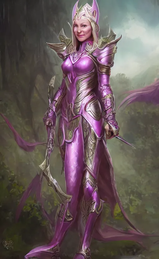 Image similar to a full body portrait of an elven woman with pink skin, and armor fit for a queen, wearing purple headphones, and smiling, dynamic lighting, photorealistic fantasy concept art, trending on art station, stunning visuals, creative, cinematic, ultra detailed