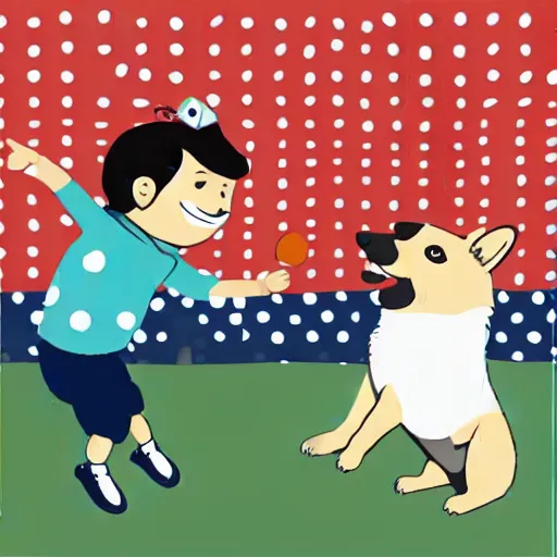 Image similar to illustration of french boy in paris playing football against a corgi, the corgi is wearing a polka dot scarf