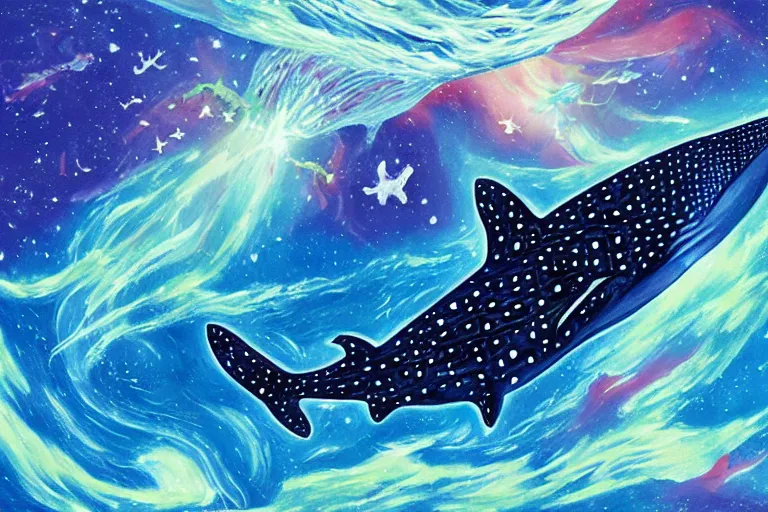 Image similar to gouache painting of a whale shark flying through a swirling, luminous nebula, elegant, ultra detailed