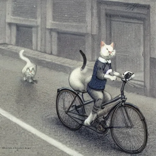 Image similar to A cat driving a bicycle, an illustration by Michael Sowa, but as photography