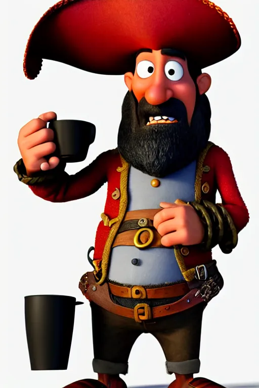 Image similar to portrait of the pirate blackbeard holding a cup of coffee, full body. pixar disney 4 k 3 d render funny animation movie oscar winning trending on artstation and behance. ratatouille style.