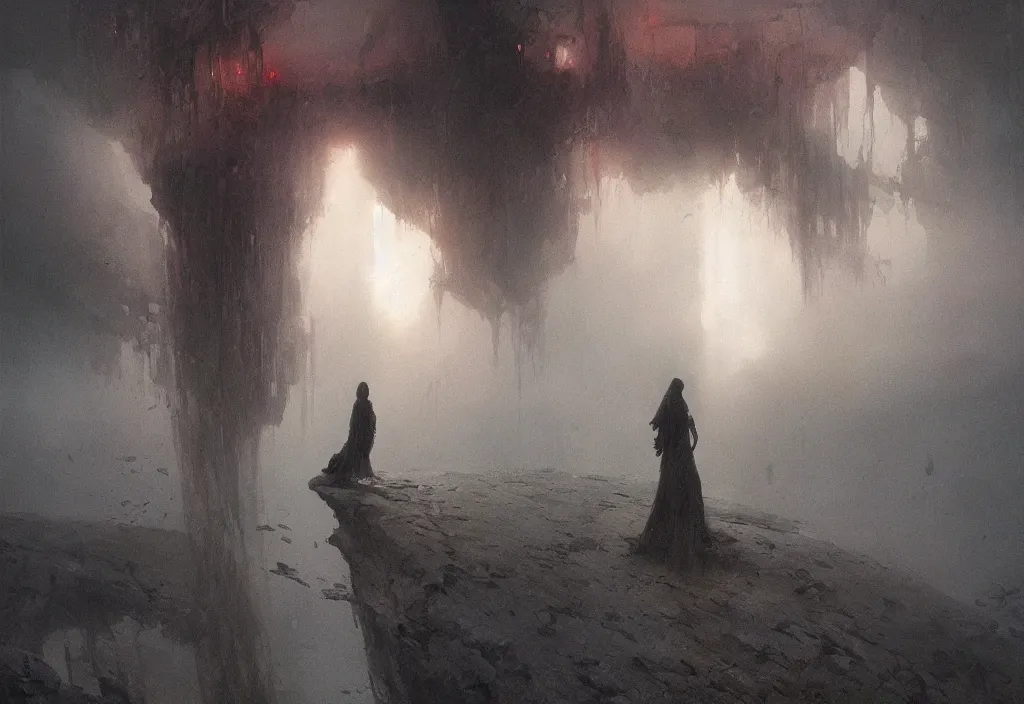 Image similar to she peers into the abyss and sees the abyss looking back at her, dramatic cinematic lighting, smooth, sharp details, intricate, sad and powerful painting by beksinski and ruan jia and greg rutkowski and android jones