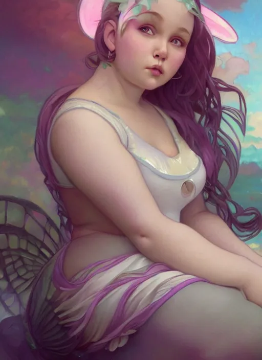 Image similar to a chubby elf woman with pointed ears, wearing a white sundress, rainbow pastel clouds for hair, realistic painting by ross tran and gerald brom and alphonse mucha, artgerm, trending on artstation