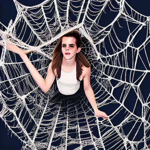 Prompt: meme emma watson hanging from and stuck in a giant spider web