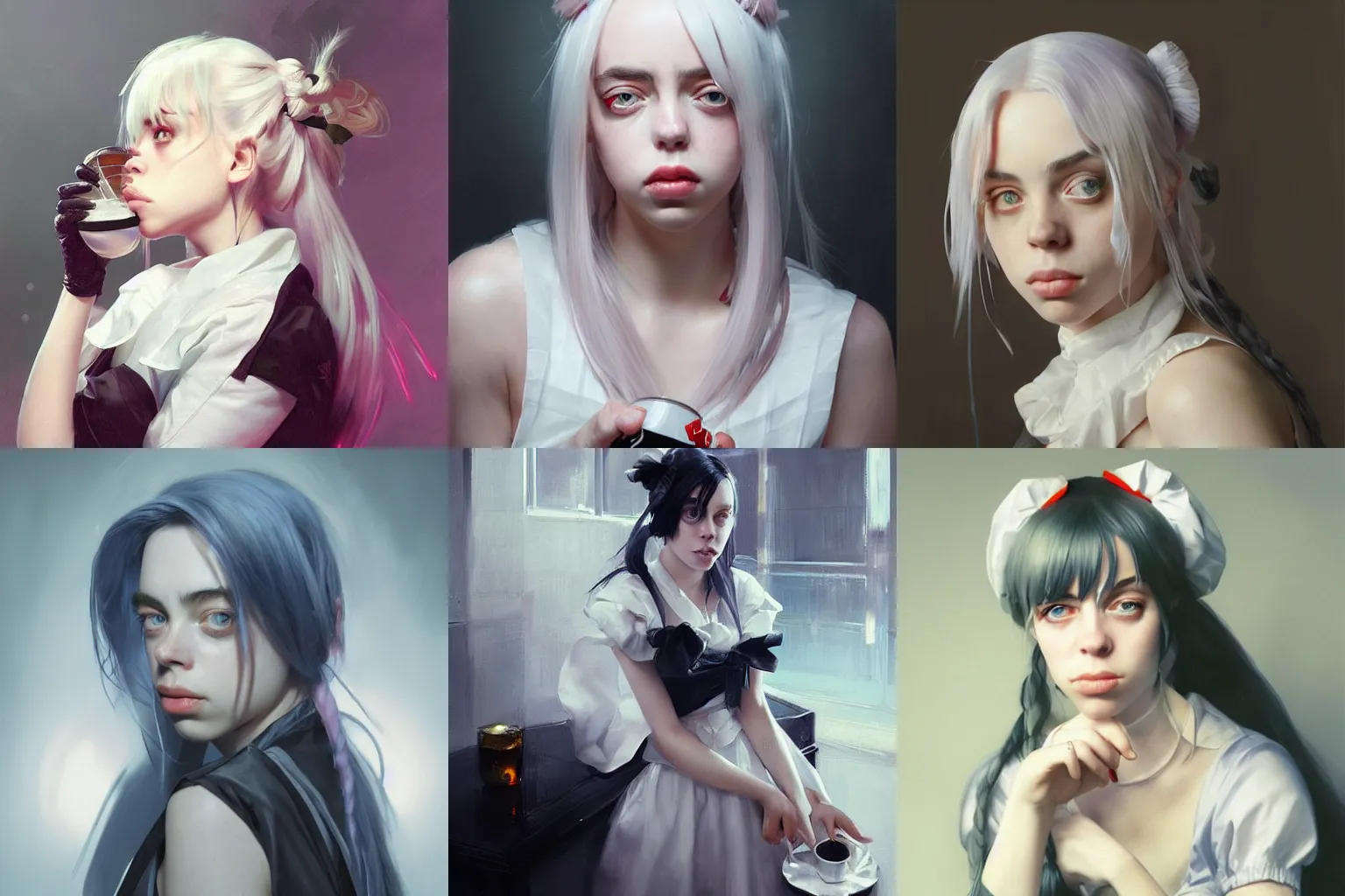 Prompt: Portrait of Billie Eilish as a seductive maid serving drinks in a Tokyo, white lighting, digital art by Ruan Jia and Mandy Jurgens and Artgerm, highly detailed, trending on artstation, award winning