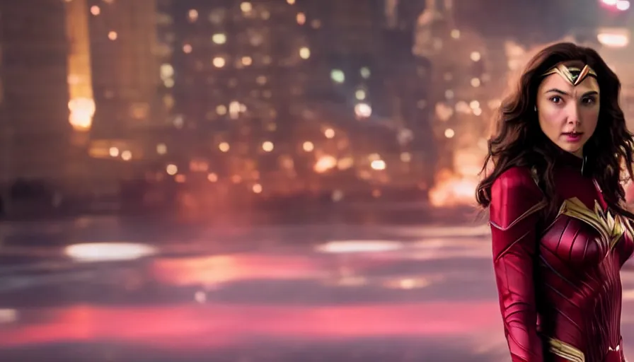 Prompt: Gal Gadot as Scarlet Witch, Cinematography by Roger Deakins, 4k, ultra wide, f1.8 anamorphic, bokeh, 4k,