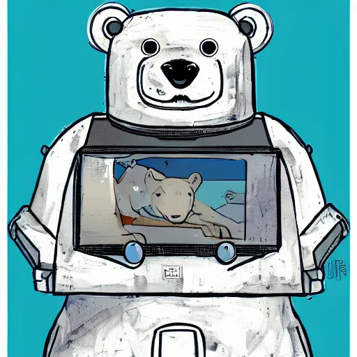 Image similar to a robot polar bear in the style of Bill sienkiewicz