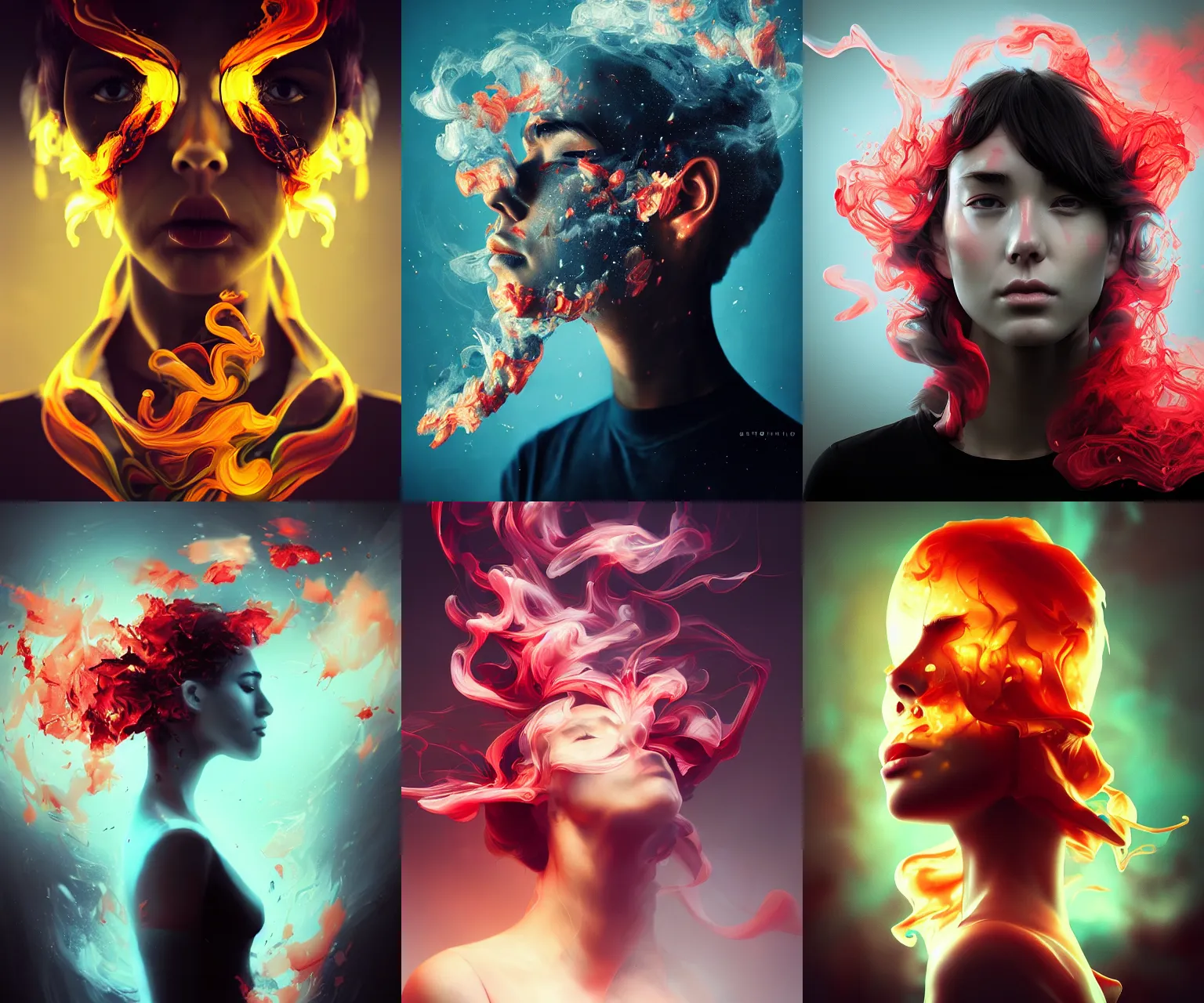 Prompt: flowery liquid smoke explosion double - exposure portrait, artgerm, bastien grivet, photorealism, radiant lighting, artstation
