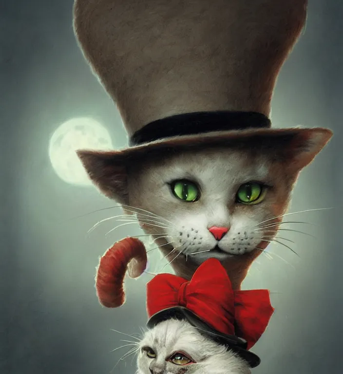 Image similar to complex 3 d render, hyper detailed, ultra sharp, of the cat in the hat, scary, dark, cinematic, natural soft light, rim light, art by greg rutkowski and artgerm and norman rockwell, dr seuss