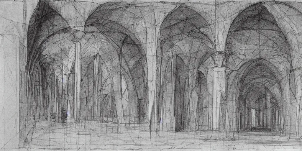 Prompt: sketch by da vinci and Zaha Hadid for mosque in old paper