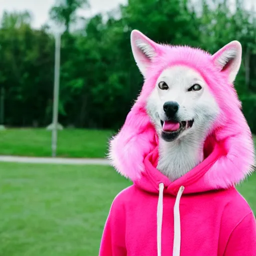 Image similar to cute young man with pink hair and pink wolf ears wearing a collar and a green hoodie