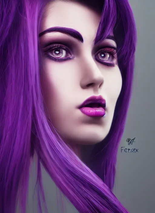 Image similar to photorealistic 3 0 0 0 cyclopes beautiful female with purple hair one eye portrait photography feroflex photorealistic studio lighting ektachrome detailed intricate face details, ultradetails, beautiful face, realistic shaded perfect face, extremely fine details