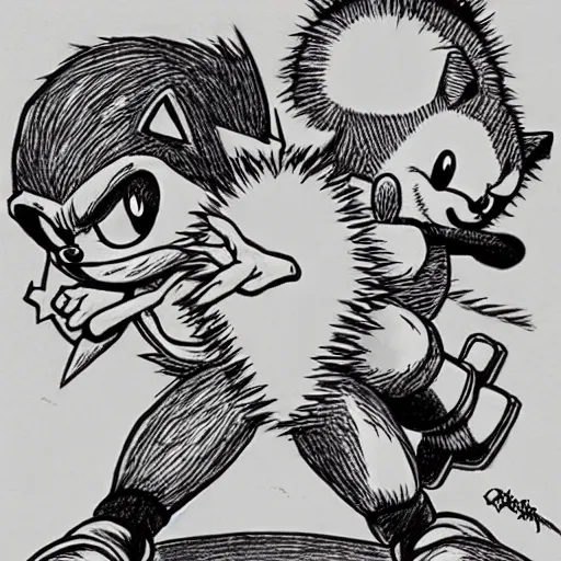 Image similar to sonic and pikachu drawn by kentaro miura, in the style of berserk, very detailed