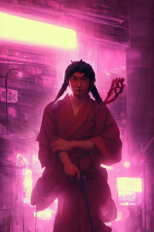 Image similar to portrait of yokai bodhisattva vajrayana dzogchen ninja slayer, japan, in cyberpunk, neon lighting, night city, digital art from artstation by Ruan Jia and Mandy Jurgens and Artgerm and william-adolphe bouguereau and Greg Rutkowski