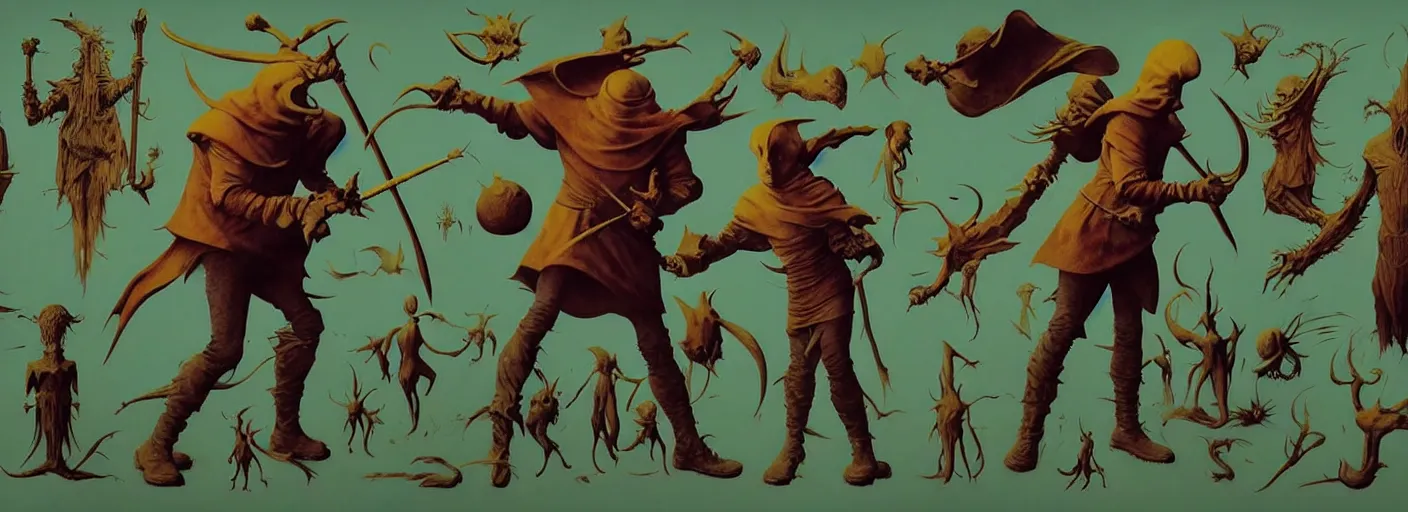 Image similar to full - body surreal d & d rpg character concept art anatomy, action pose, very coherent and colorful high contrast masterpiece by norman rockwell franz sedlacek hieronymus bosch dean ellis simon stalenhag rene magritte gediminas pranckevicius, dark shadows, sunny day, hard lighting, reference sheet white background