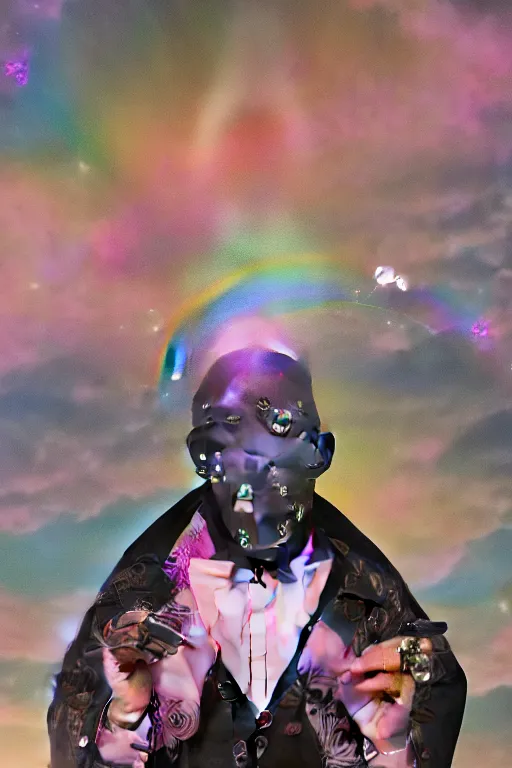 Image similar to Ethereal safari landscape with a pink rainbow sky under a god moonstone, black leather and embroidered Lolita dapper bespoke avant-garde tuxedo in velvet, black and gold rich color, dramatic cinematic lighting, featured on Artstation, extremely detailed by Lisa Frank