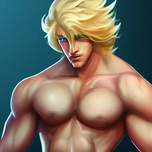 Image similar to the latest blond male beefcake from league of legends, extremely pale white skin and long fluffy blond curly hair, 4K, artstation