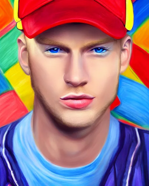 Prompt: colorful painting of a blond man with a baseball cap with propeller, matte painting, trending on art station, ultra - detailed, hq