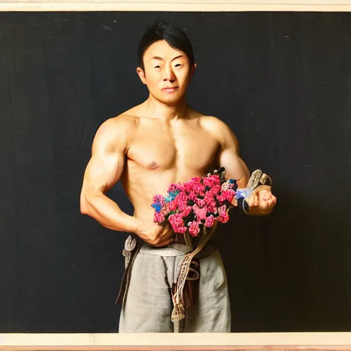 Image similar to muscular japanese man holding a sword in one hand and a bouquet of flowers in the other hand, strong but tender, vivid photography