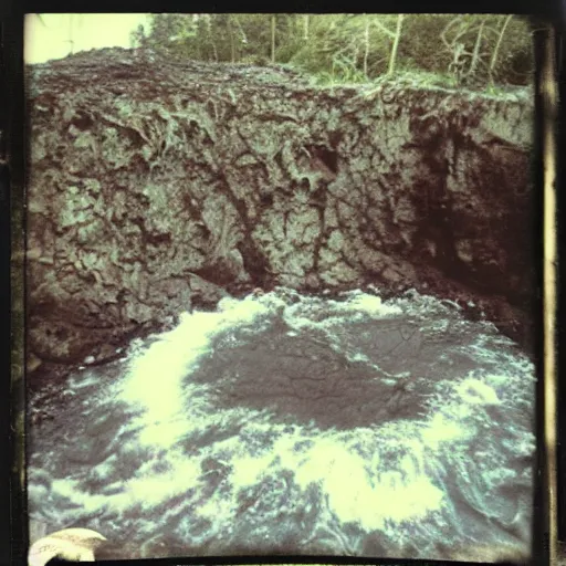 Prompt: a deep dark hole in the ground with rushing water at the bottom, creepy, eerie, unsettling, terrifying, jagged rocks, dark, old polaroid, expired film,