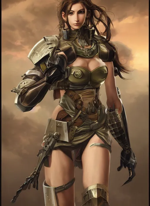 Image similar to a professionally painted portrait of an attractive young girl, partially clothed in battle armor, olive skin, long dark hair, beautiful bone structure, perfectly proportioned, nubile body, symmetrical facial features, intricate, elegant, heroic pose, digital painting, concept art, smooth, sharp focus, finely detailed, beautifully framed, from Metal Gear, in the style of Artgerm and Greg Rutkowski and William-Adolphe Bouguerea