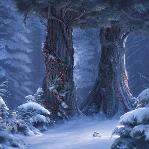 Image similar to a wizards portal above the trees of a cold winter forest, storybook illustration, octane render, detailed painting, by katherine federer, anthony pafford, harry gamboa and tracy flickinger