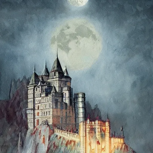 Image similar to a painting of a dreadful white moon over a castle with a waterfall in front of it. digital painting, vertical, intricate, beautiful, detailed, grunge, sharp focus, abstract art by el lissitzky and artgerm and kandinsky and kuvshinv, trending on artstation. gradient darker to bottom