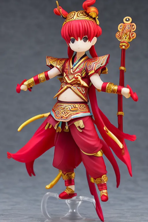 Image similar to arty chinese mythology ne zha nendoroid full body hyperdetalied, hero pose, osamu tezuka, macoto takahashi, chibi, q posket, 8 k realistic, 3 d, cryengine, exquisite, red cloth around his shoulders, hold spear, ne zha ( 2 0 1 9 ), fenghua zhong,