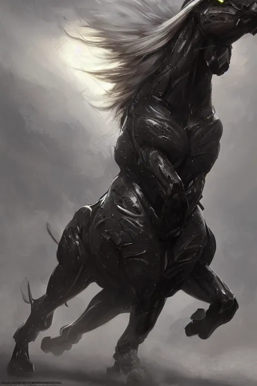 Prompt: an enormously muscular black - coated anthro horse wearing skintight armor, long white mane, high - tech facility background, highly detailed, digital painting, artstation, concept art, illustration, art by artgerm, greg rutkowski, wlop