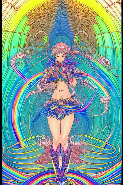 Image similar to illustration of a female elf goddess, prismatic healing waves emanate all around in a healing spring, rainbows, intricate linework, in the style of moebius, ayami kojima, 1 9 9 0's anime, retro fantasy