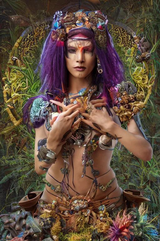 Image similar to cyberpunk aztec goddess in a zen rock garden, by Peter Kemp, by Artgerm, autumn, glamorous hairstyle, vermont fall colors, wearing translucent earthtone fashion, art nouveau by Brian Froud, berries, cosmic, gnostic, sacred geometry, by Alphonse Mucha, highly detailed concept painting with cinematic lighting, trending on art station