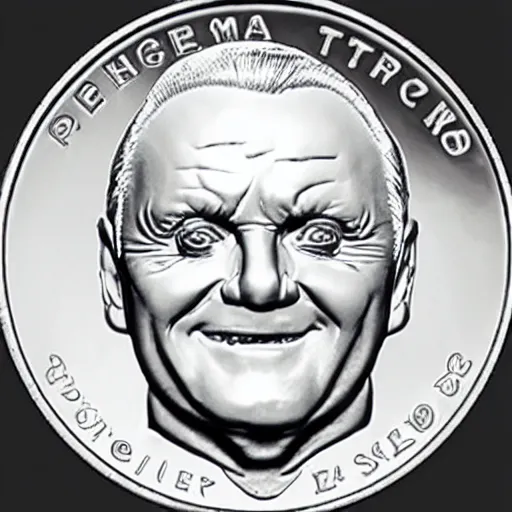 Prompt: silver coin with angry smiling Anthony Hopkins