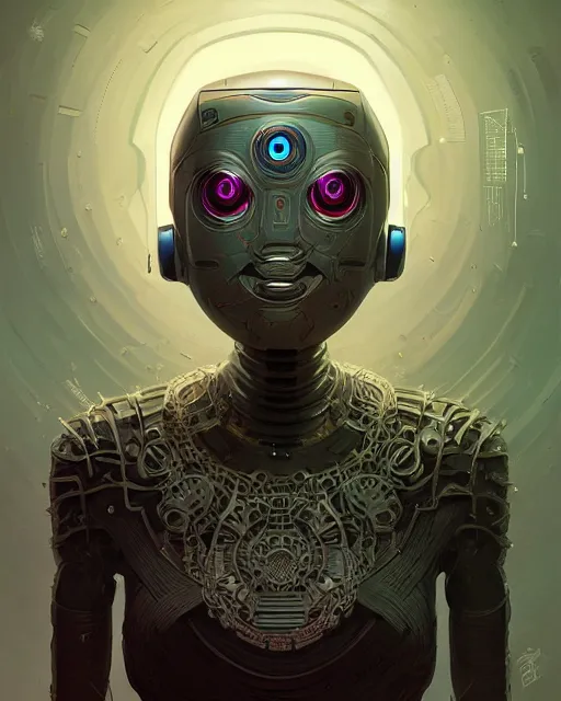 Image similar to professional ominous concept art portrait of a robot character with a flat metallic mandala face by artgerm and greg rutkowski. an intricate, elegant, highly detailed digital painting, concept art, smooth, sharp focus, illustration, in the style of simon stalenhag, wayne barlowe, and igor kieryluk.