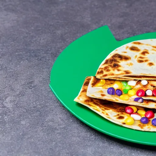 Prompt: first photos of taco bell quesadilla covered in skittles ( eos 5 ds r, iso 1 0 0, f / 8, 1 / 1 2 5, 8 4 mm, postprocessed, 4 k )