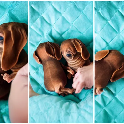 Image similar to eggs cracking open with baby dachshunds inside. baby dachshunds hatching. professional photography