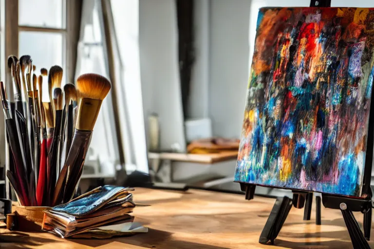 Image similar to artists studio full of art equipment. mason jar full of brushes close view on table easel with paining by window scenic full shot ambient lighting