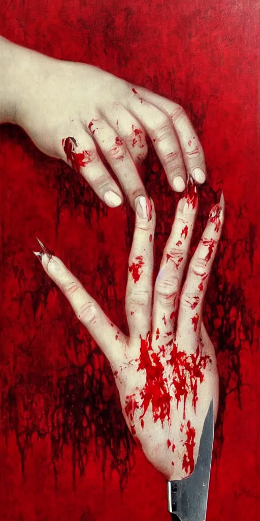 Image similar to by 1 9 th century famous painter, hands, nail polish, blood smear, blood dripping, horror, knife, realism, realistic, oil painting, red wallpaper background