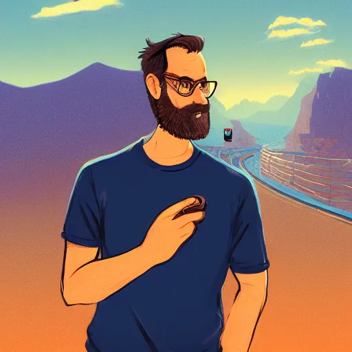 Prompt: Man in his 30s, light brown hair and salt-and-pepper hair with a short beard, thick dark glasses, blue eyes, big nose, wearing a shirt and a jean, frog perspective, digital painting, 4k, rays of light, particles light, artstation, kuvshinov ilya, landscape by Noah Bradley, pixel art