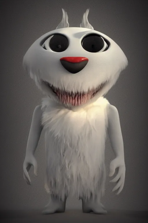 Image similar to 3 d model of adorable evil white fur monster with glowing eyes by alexander jansson : 1 | ray tracing, studio lighting, centered, dark matte background : 0. 9 | by jim henson : 0. 7 | dave melvin : 0. 4 | unreal engine, deviantart, artstation, octane, finalrender, concept art, hd, 8 k resolution : 0. 8