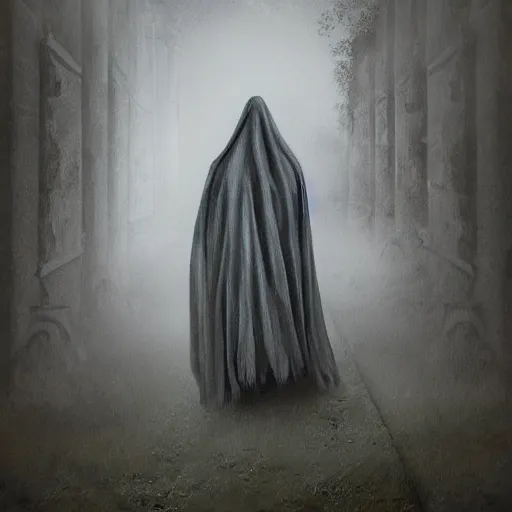 Prompt: ominous bedsheet ghost walking through the center of an old cemetery, oil painting, brush strokes, gloomy misty atmosphere, symmetrical, full body image, highly ornate intricate details, very sharp photo,