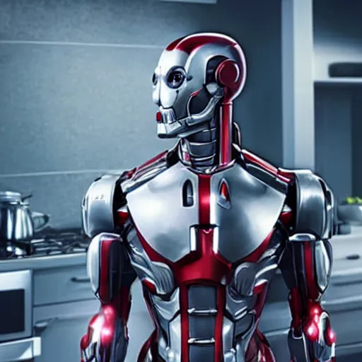 Image similar to photo of ultron wearing a kitchen mitt