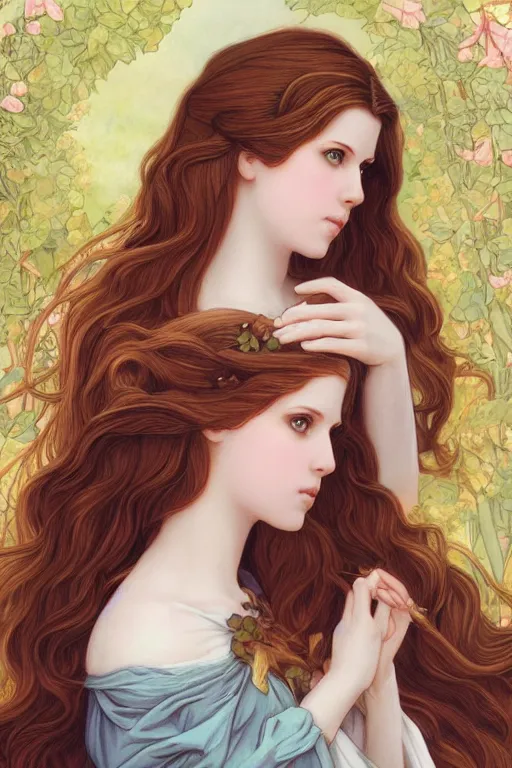 Prompt: goddess who looks like anna kendrick, inspired by pre-raphaelite paintings and shoujo manga, amazing detail, stunning lines, flat colors, 4K, digital illustration, character concept