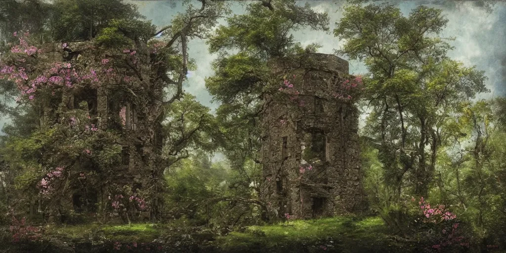 Prompt: Art of The cinematic view of The overgrown ruins of a stone tower amidst a forest of flowering trees by Rip Van Winkle