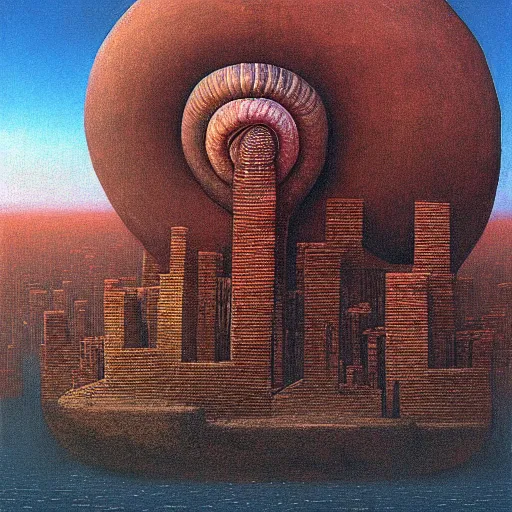 Prompt: a giant snail stands over a city painting by beksinski, behsinski colors. masterpiece painting