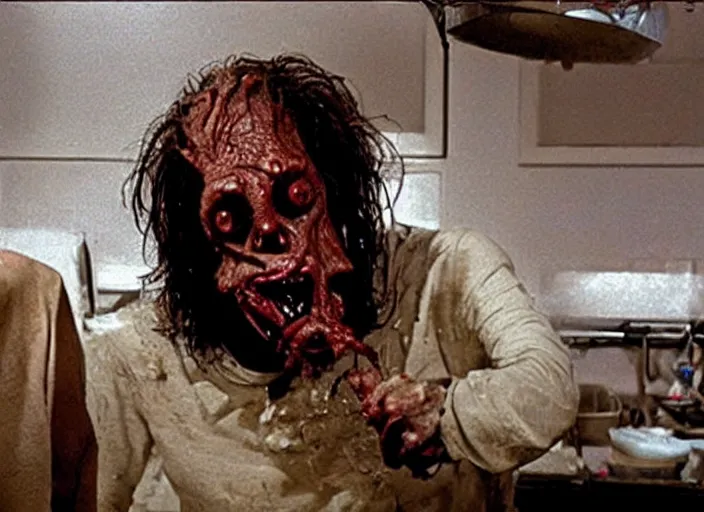 Image similar to a disgusting vile demonic monster eating a man, cult horror, kitchen inspired by The Thing, by Cronenberg