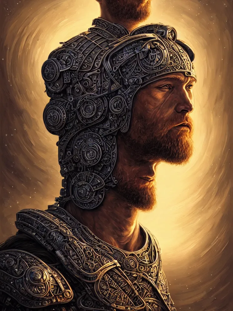 Prompt: Portrait of Viking Warrior wearing epic bionic cyborg implants by Dan Mumford and Naoto Hattori, extremely beautiful and proportionate face, in the aesthetic of mert and marcus, masterpiece, intricate, warrior wardrobe, highly detailed, digital painting, artstation, concept art, crepuscular rays, smooth, sharp focus, illustration, background is made of stars, neon cyberpunk vibrant colors, volumetric lighting, art by artgerm and james jean and Nick Sullo