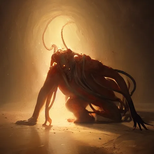 Image similar to nyarlathotep, dramatic lighting, chiaroscuro, high detail, painted by greg rutkowski, painted by igor kieryluk, painted by bobby chiu, trending on artstation